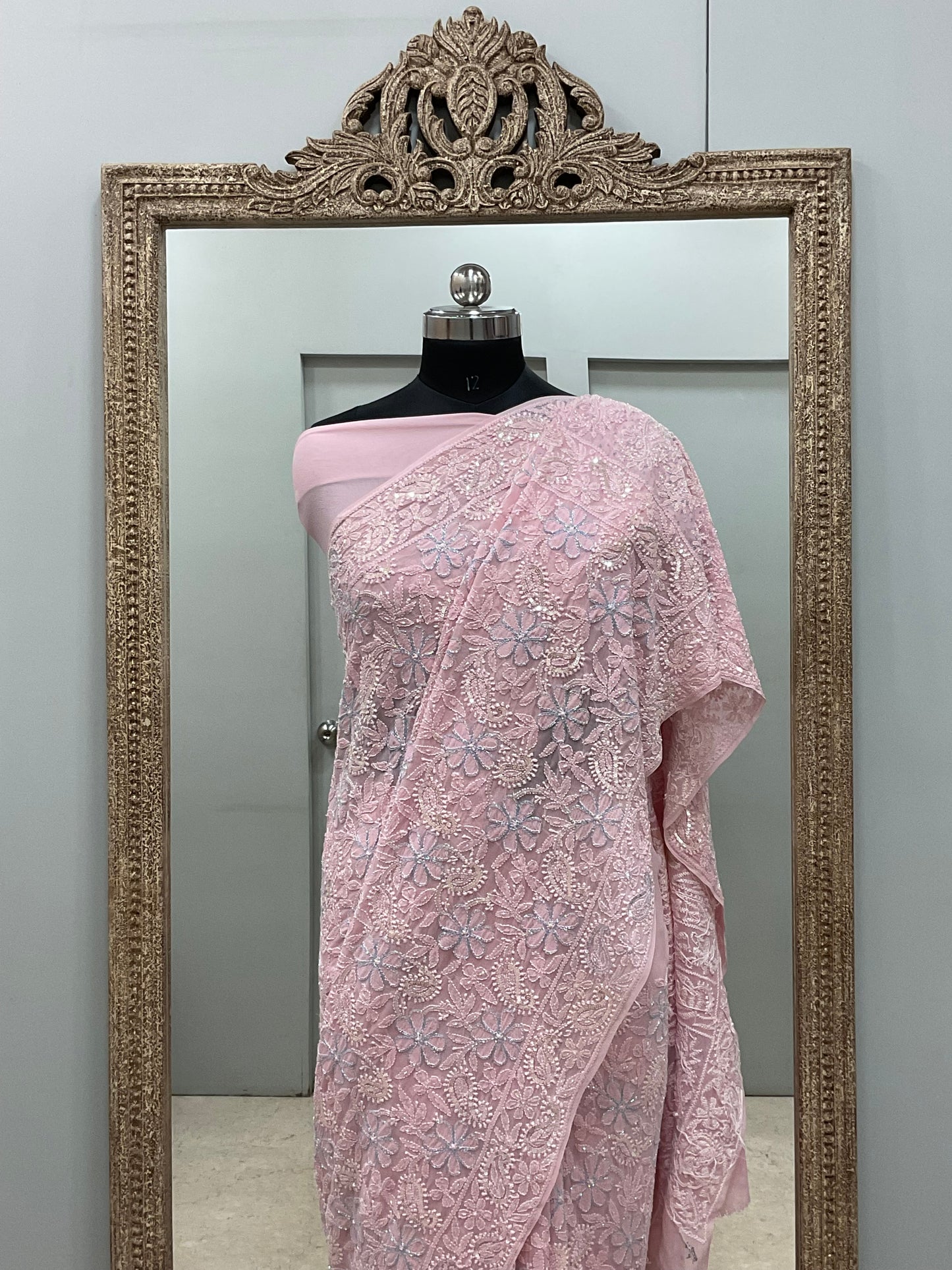 Pure Georgette Saree full jaal with Heavy Cutdana, Pearl and Heavy Sequence Pink