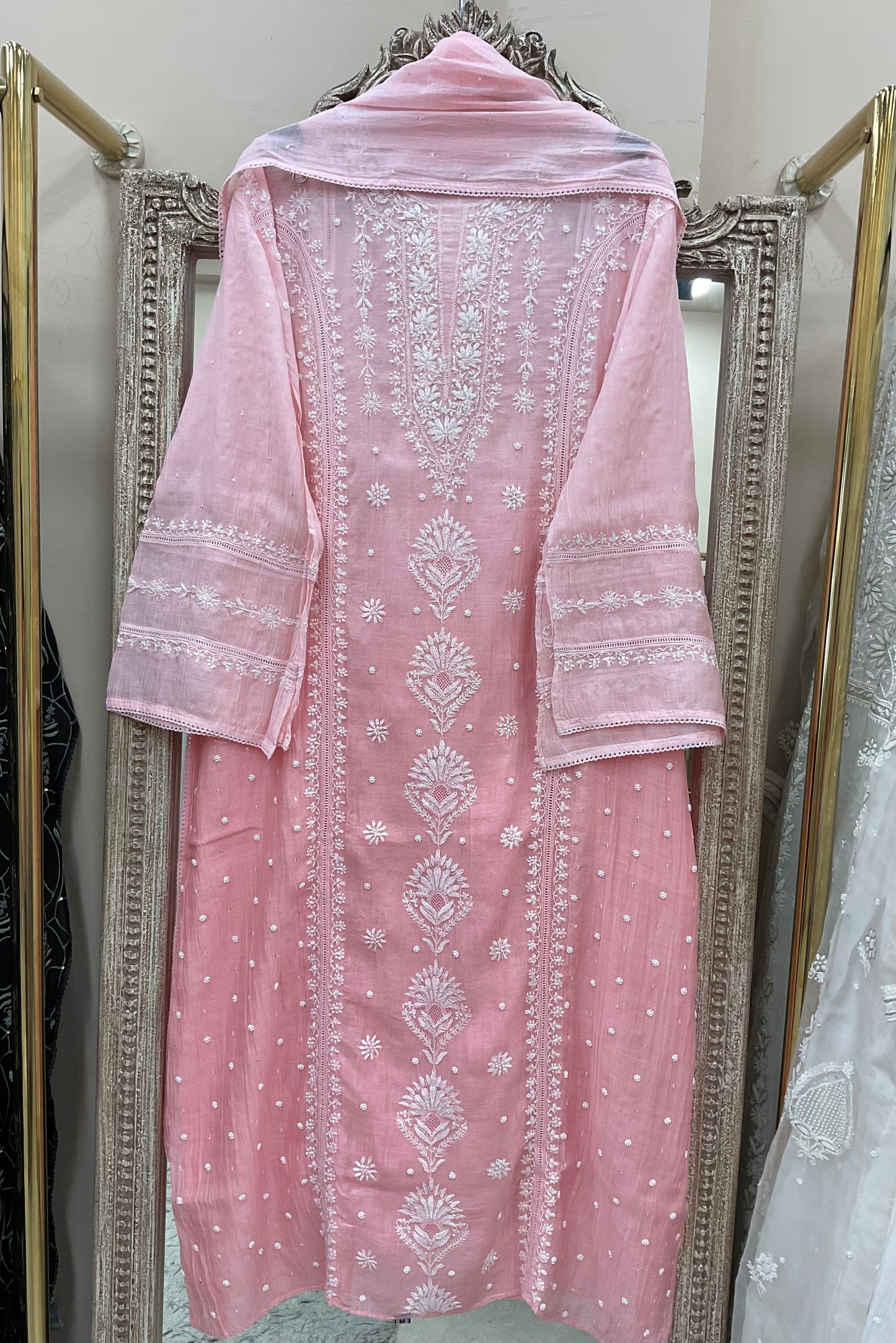 Pure Mulmul Cotton Semistiched Kurta Pearl And Addon Work With Dupatta Peach