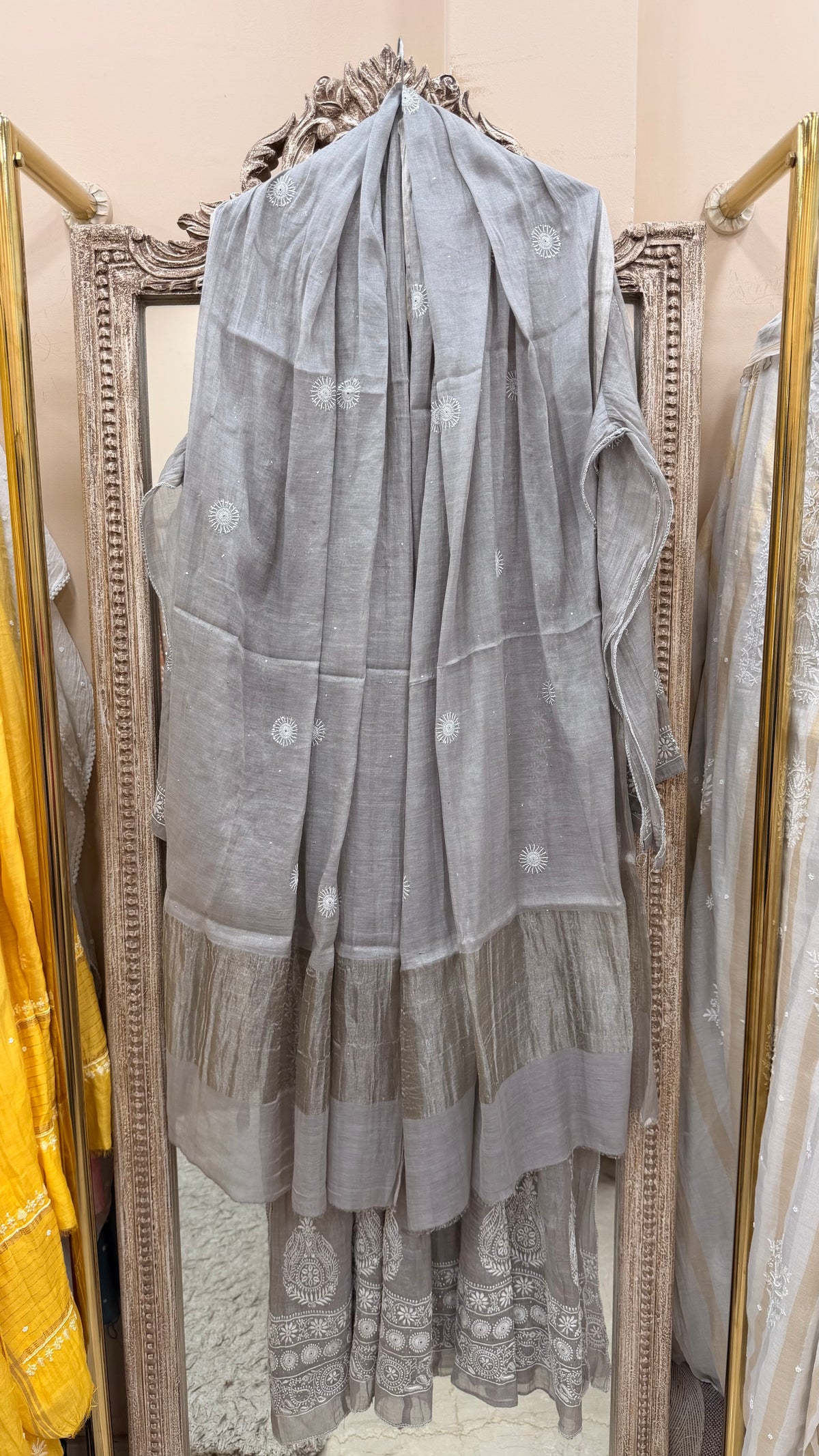 Pure Tissue Semistiched Anarkali Sequence Work With Dupatta Silver