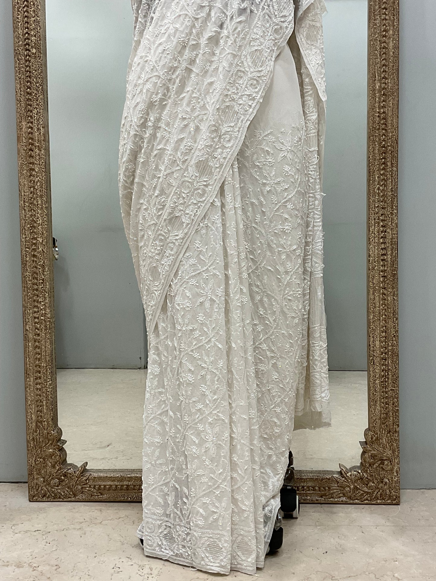 Pure Georgette Saree full jaal with Heavy Cutdana, Pearl and Heavy Sequence White