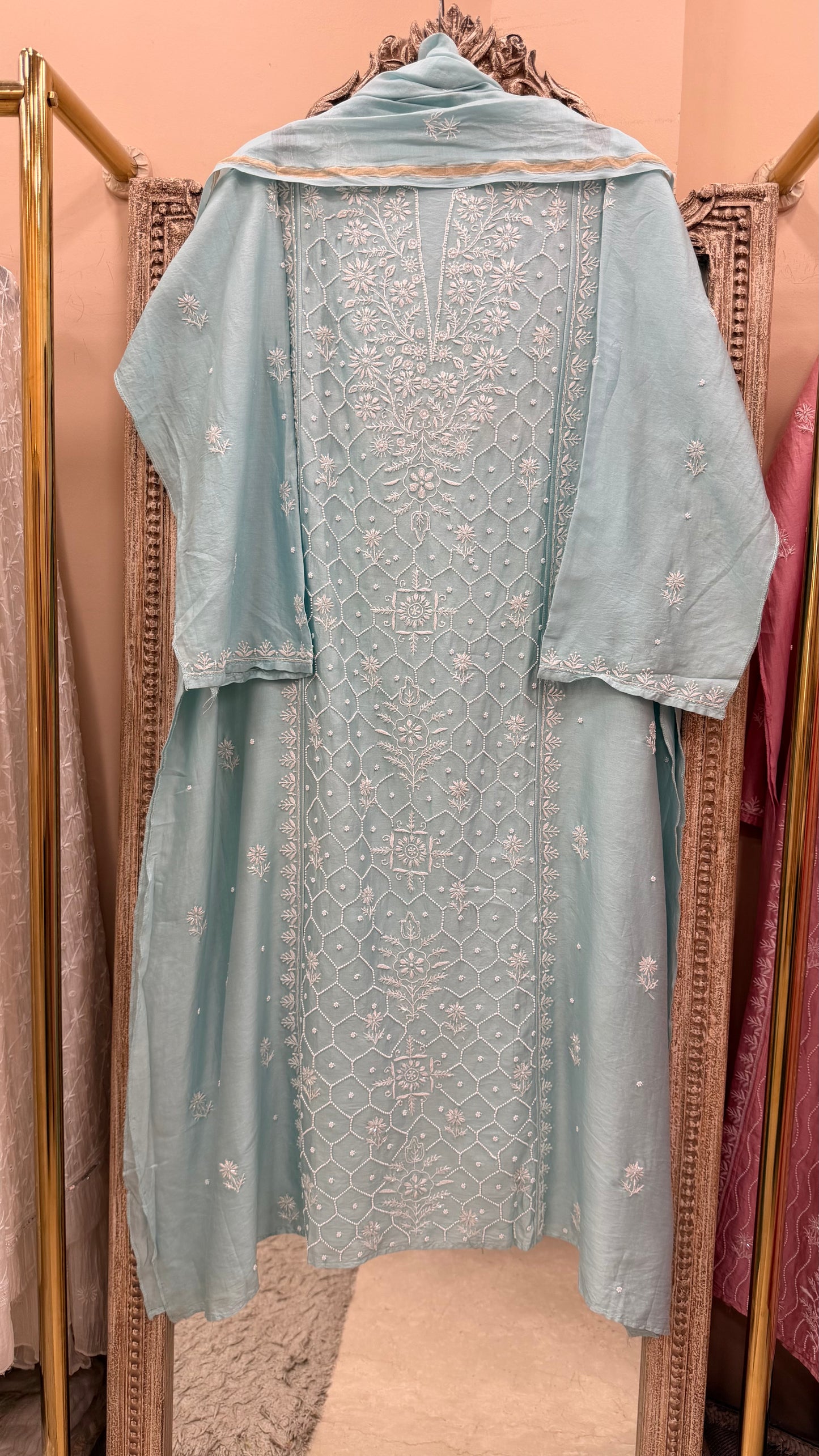Pure Mulmul Chanderi Straight Pearl And Addon Work With Dupatta Blue