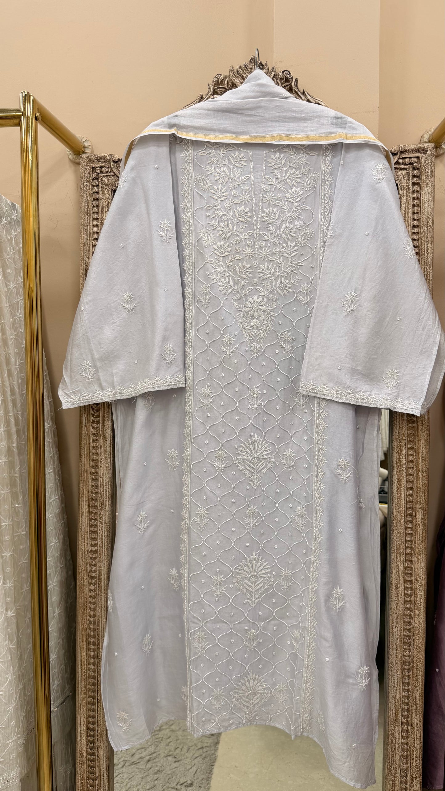 Pure Mulmul Chanderi Straight Pearl And Addon Work With Dupatta Powder Blue