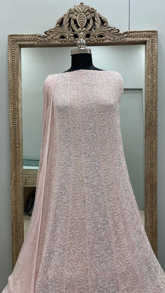 Pure Georgette Anarkali Heavy Pearl, Multi Coloured Cutdana and Sequence Peachy Pink