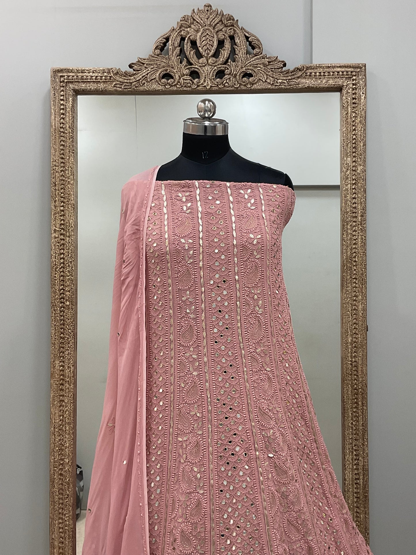 Georgette Anarkali Heavy Gota Mirror And Pearl Work Brick Red