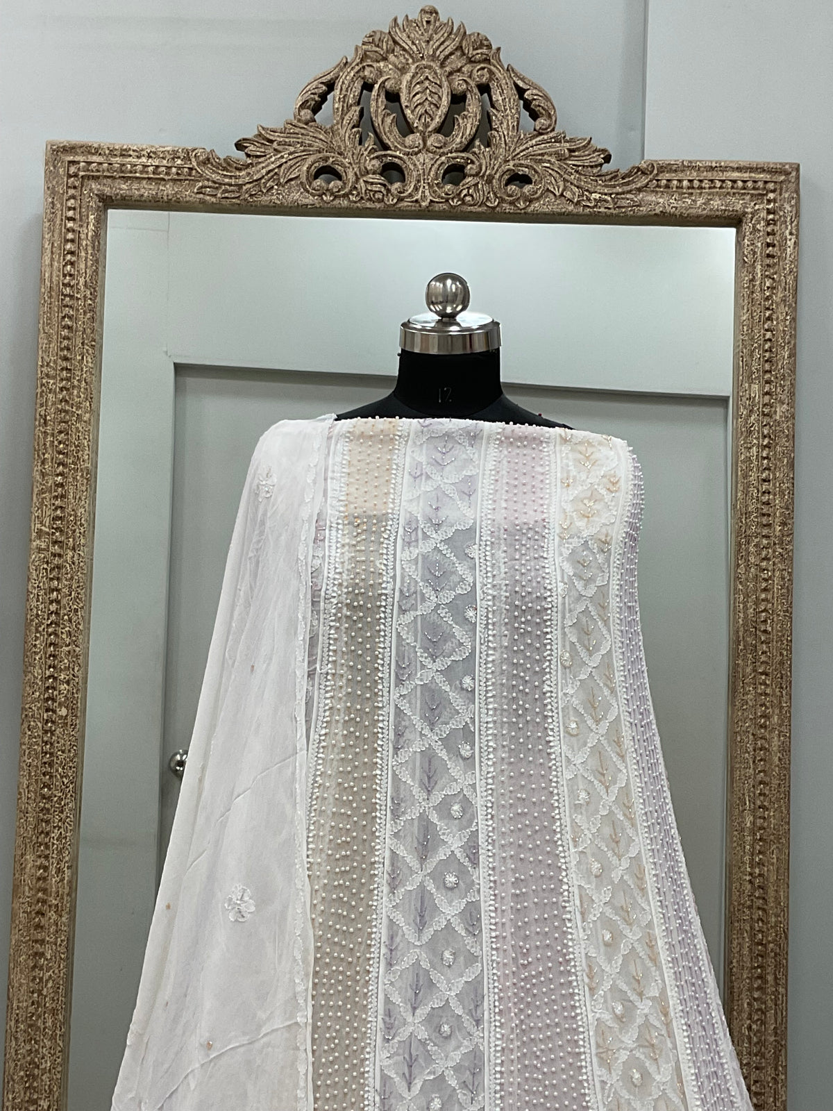 Georgette Anarkali Multicoloured Pearl And Cutdana Work White 02