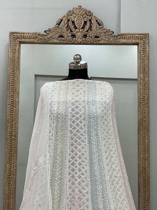 Georgette Anarkali Multicoloured Pearl And Cutdana Work White 09