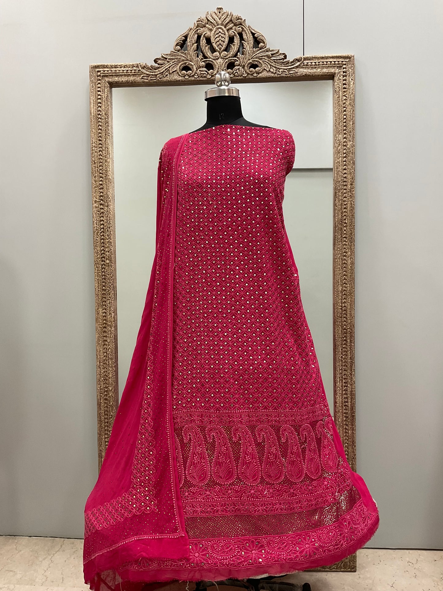 Pure Georgette Heavy Front and Back Same Mukaish Work With Dupatta Magenta