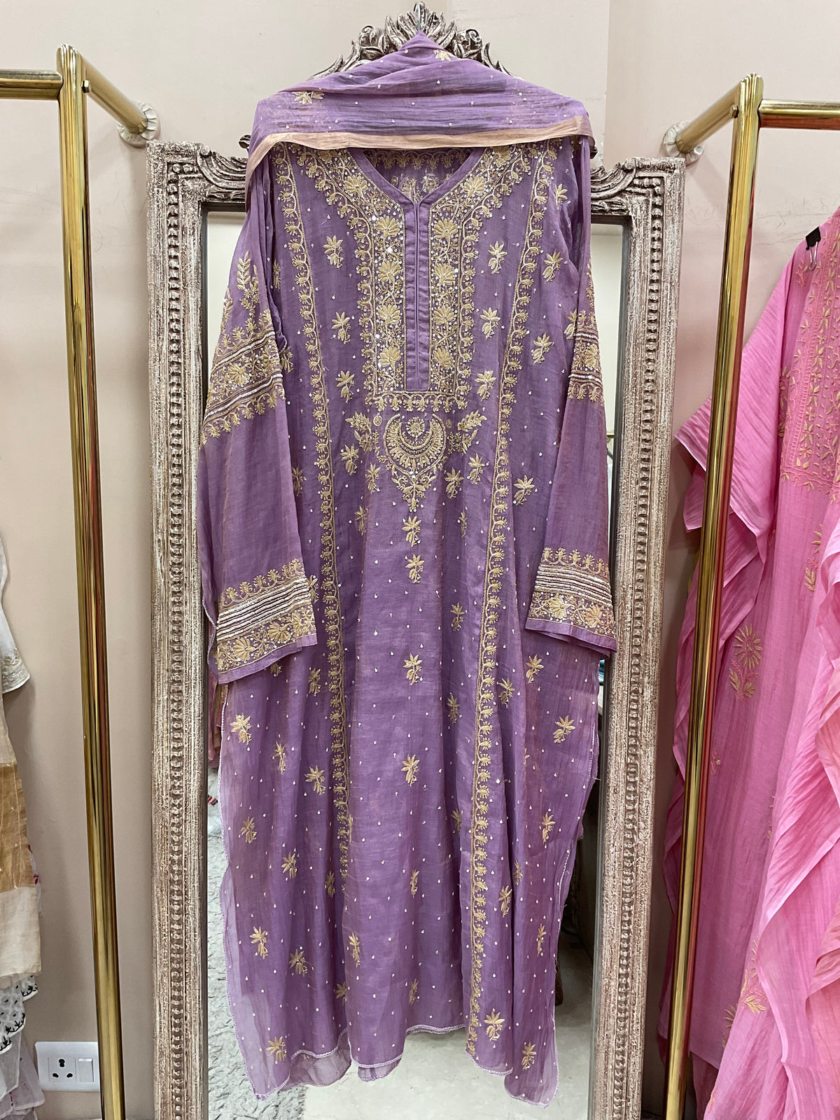 Tissue Semistihed Straight Pearl And Addon Work Shirt And Dupatta Lilac