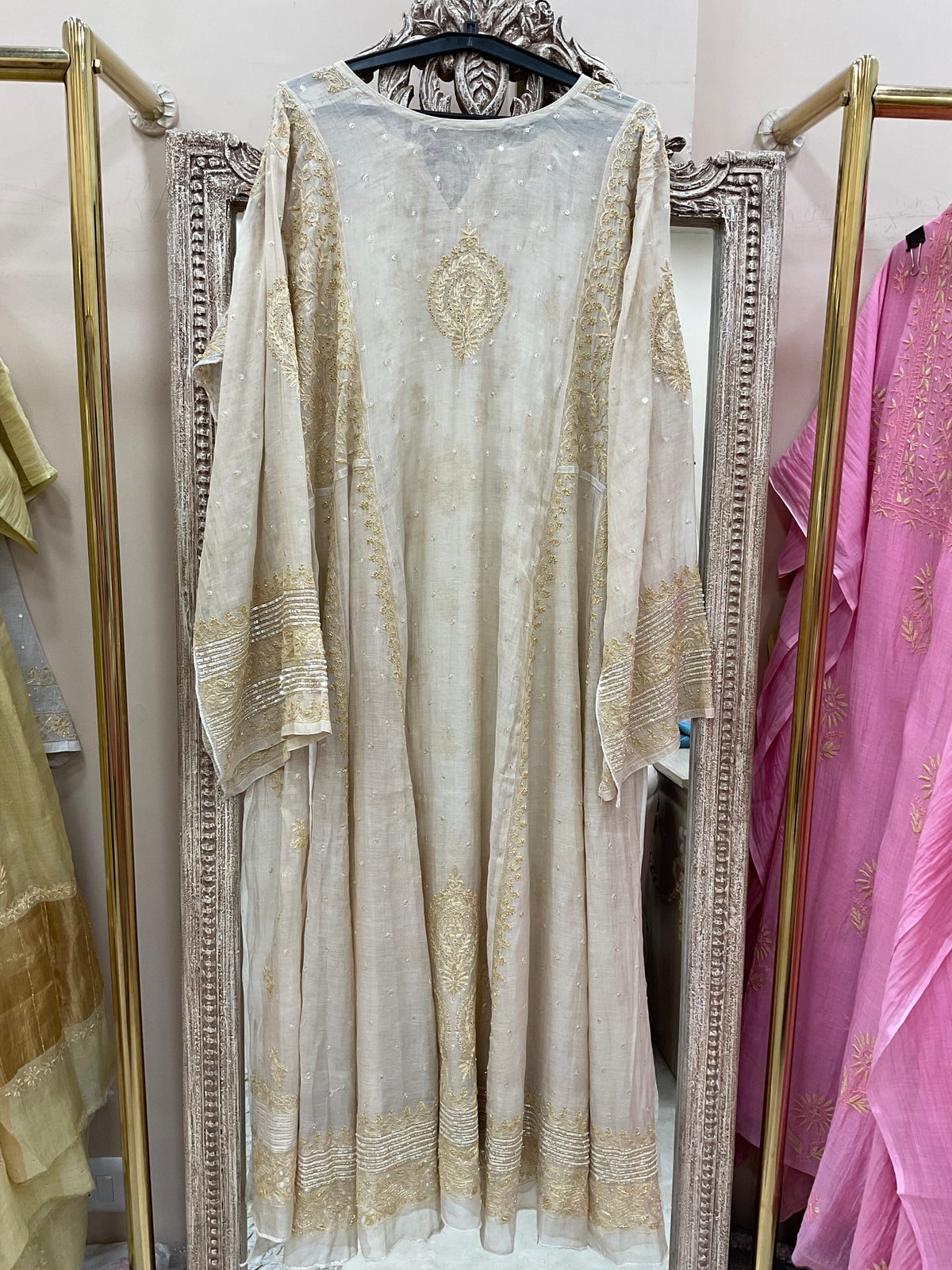Superfine Tissue Semistihed Anarkali SPearl And Addon Work Shirt And Dupatta Golden