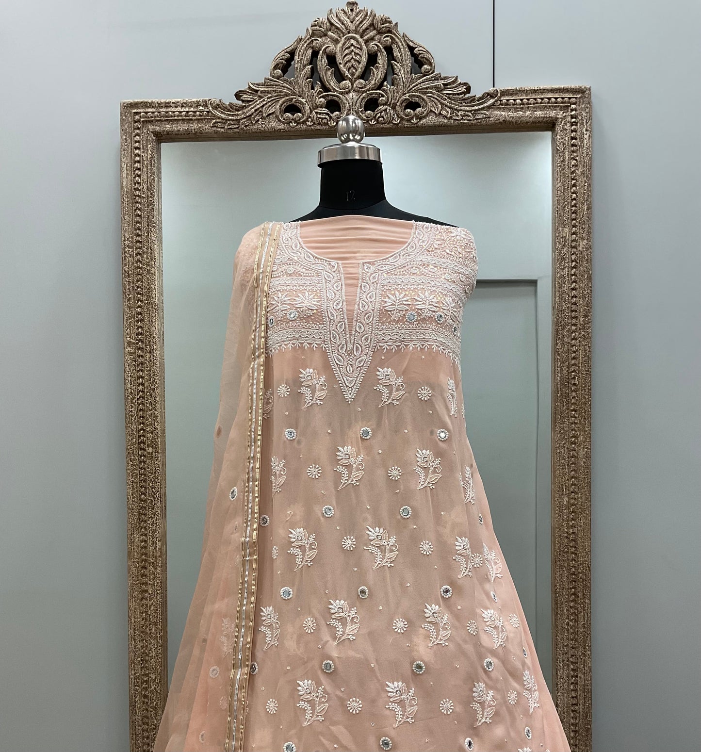 Pure Georgette Heavy Shirt With Pure Organza Dupatta Pearl and Cutdana Peach