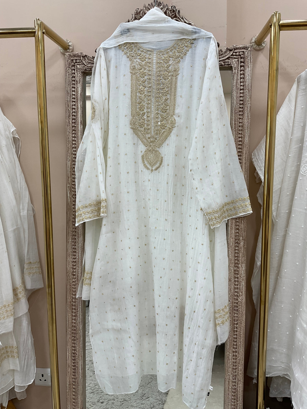 Pure Mulmul Semistiched Kurta Pearl And Addon Work With Dupatta Black And White 04