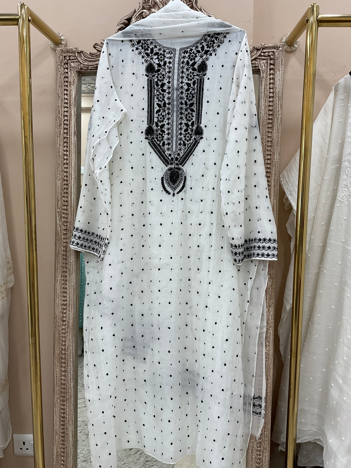 Pure Mulmul Semistiched Kurta Pearl And Addon Work With Dupatta Black And White 01