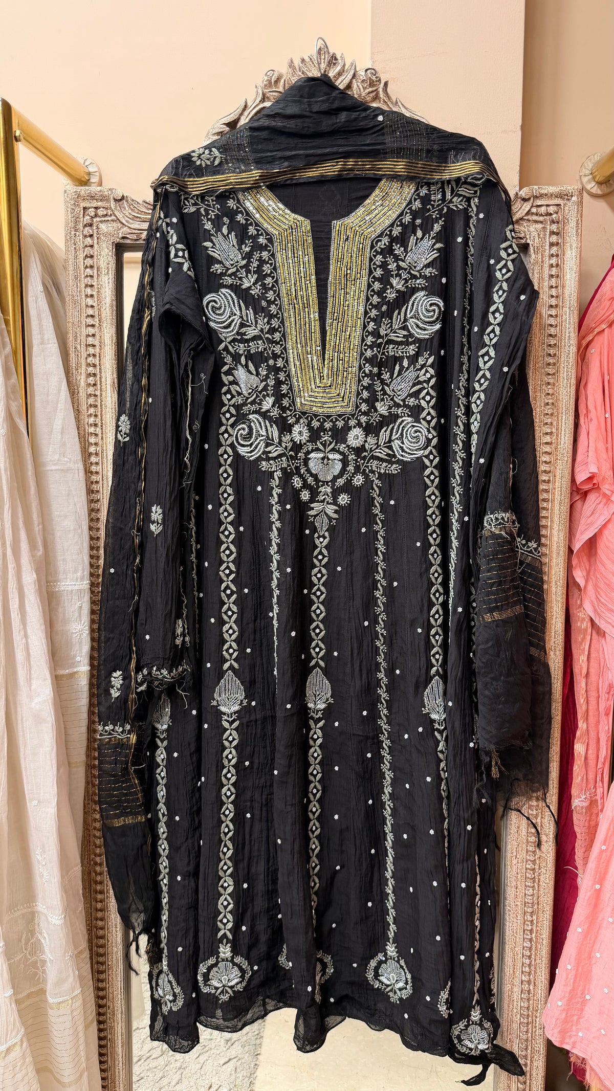Pure Mul Anarkali Heavy Jaali Work Pearl And Cutdana Work With Dupatta Black