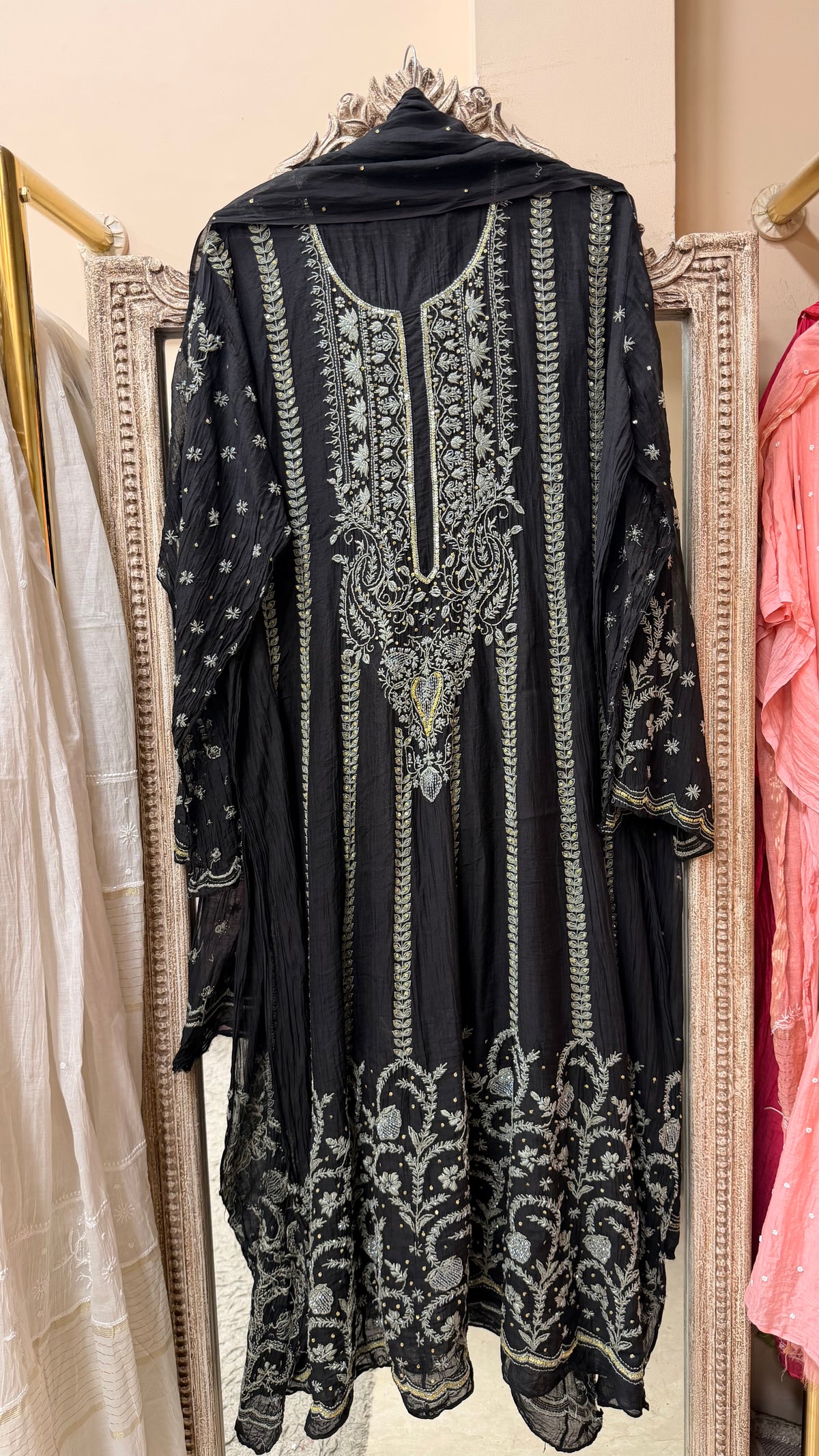 Pure Mul Anarkali Heavy Jaali Work Pearl And Cutdana Work With Dupatta Black