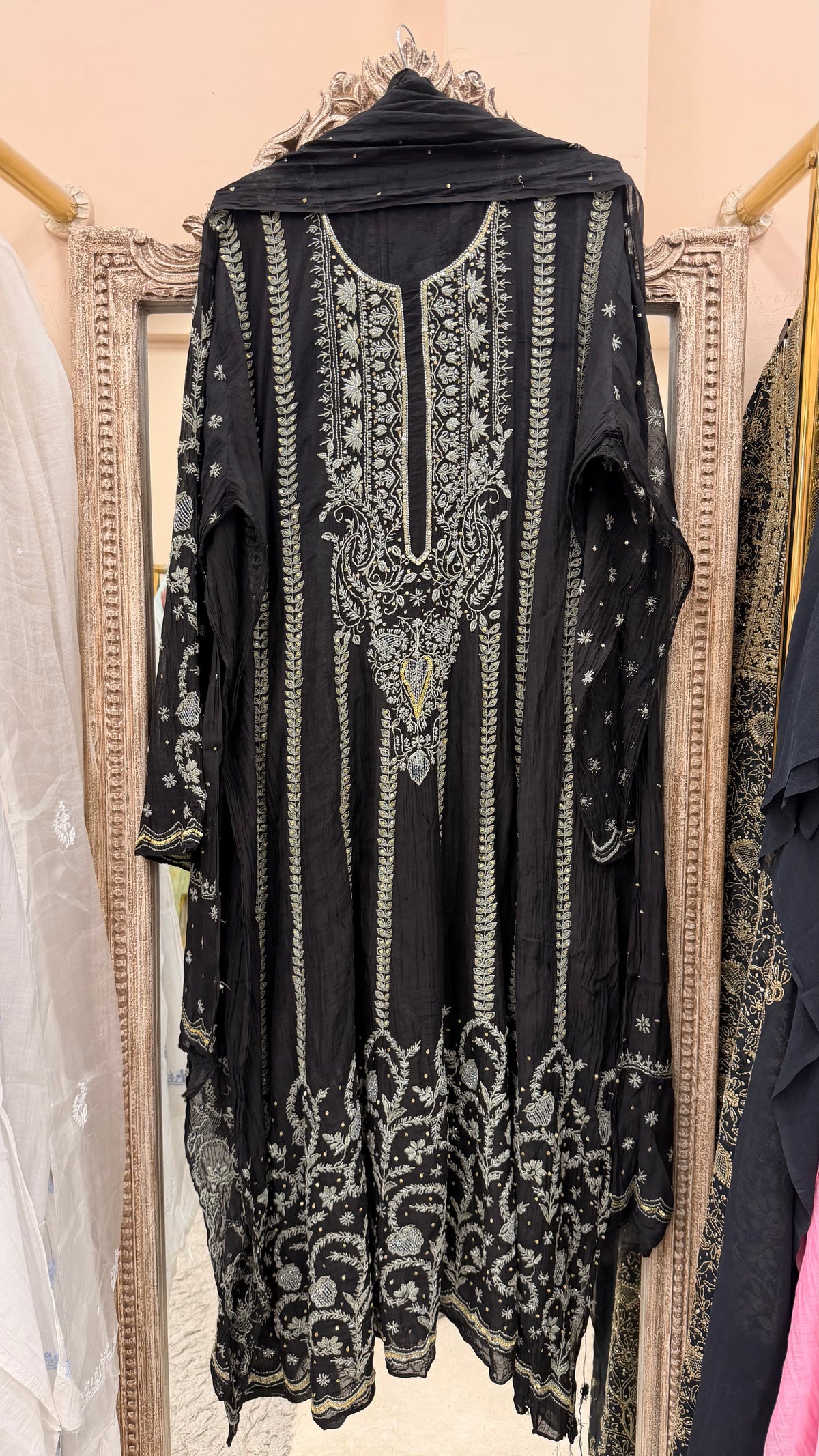 Pure Mul Anarkali Heavy Pearl And Cutdana Work With Dupatta Black
