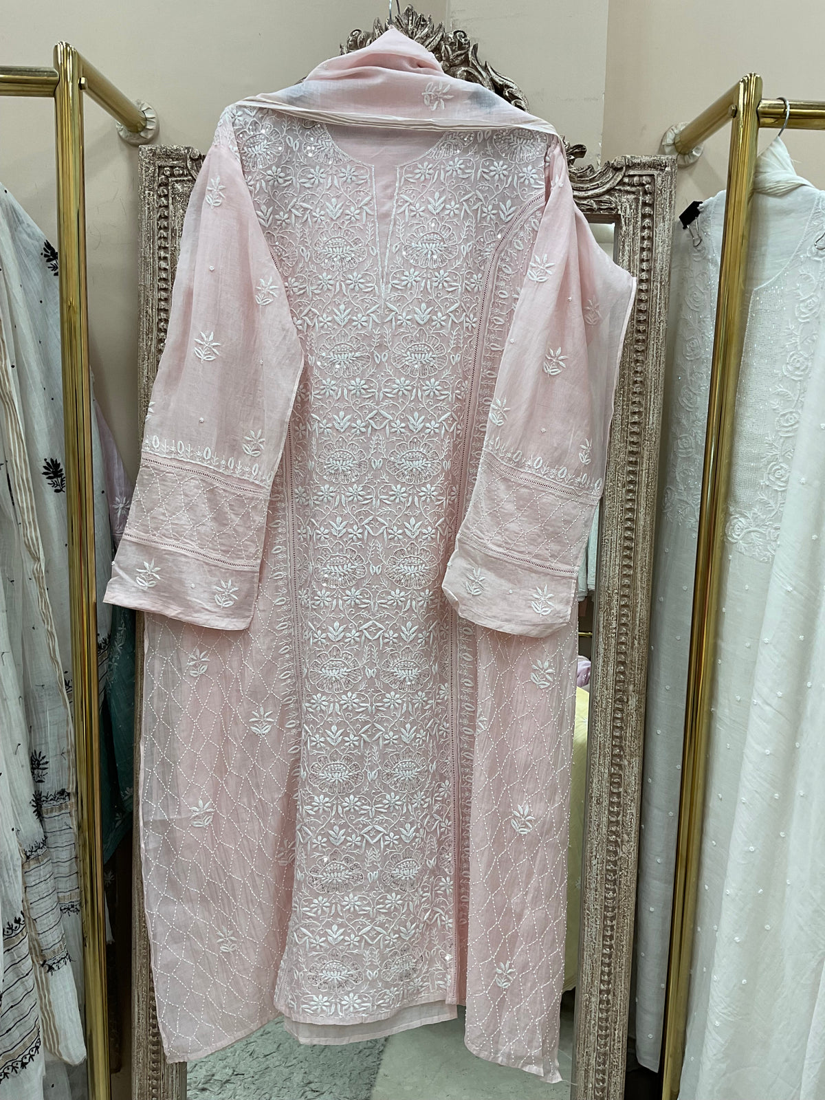 Pure Mulmul Cotton Semistiched Kurta Pearl And Addon Work With Dupatta Pink