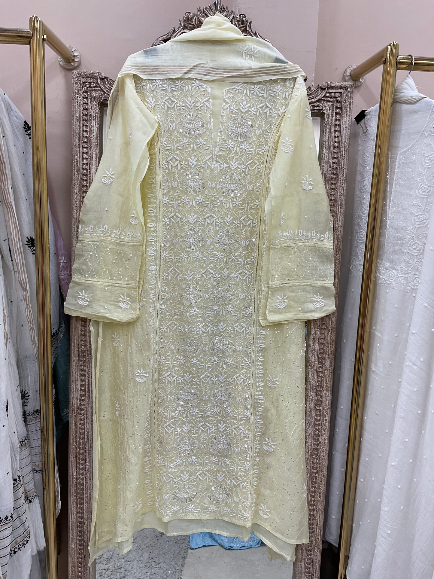 Pure Mulmul Cotton Semistiched Kurta Pearl And Addon Work With Dupatta Light Yellow