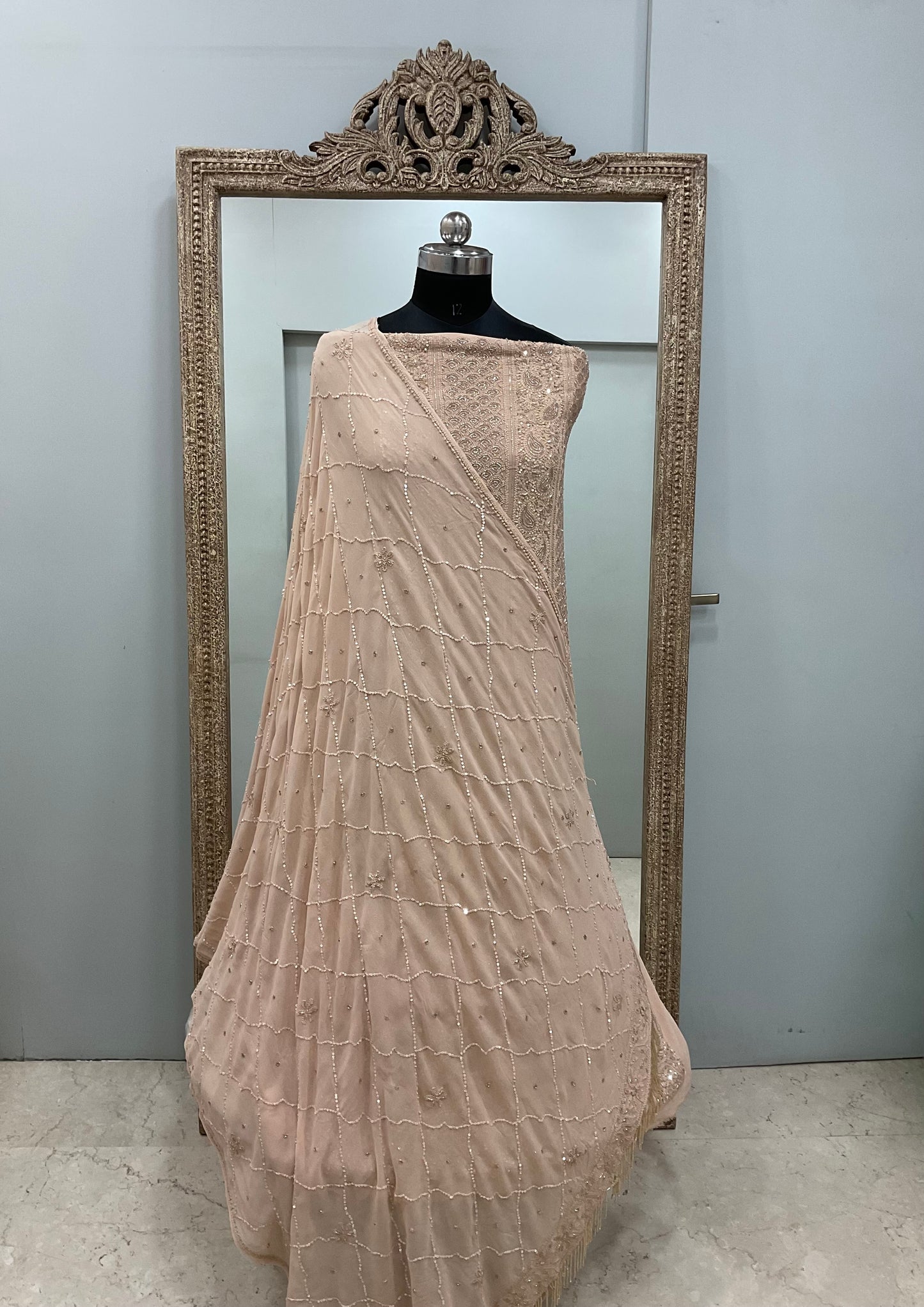 Pure Georgette Heavy Pearl Cutdana and Sequence Designer Golden Beige