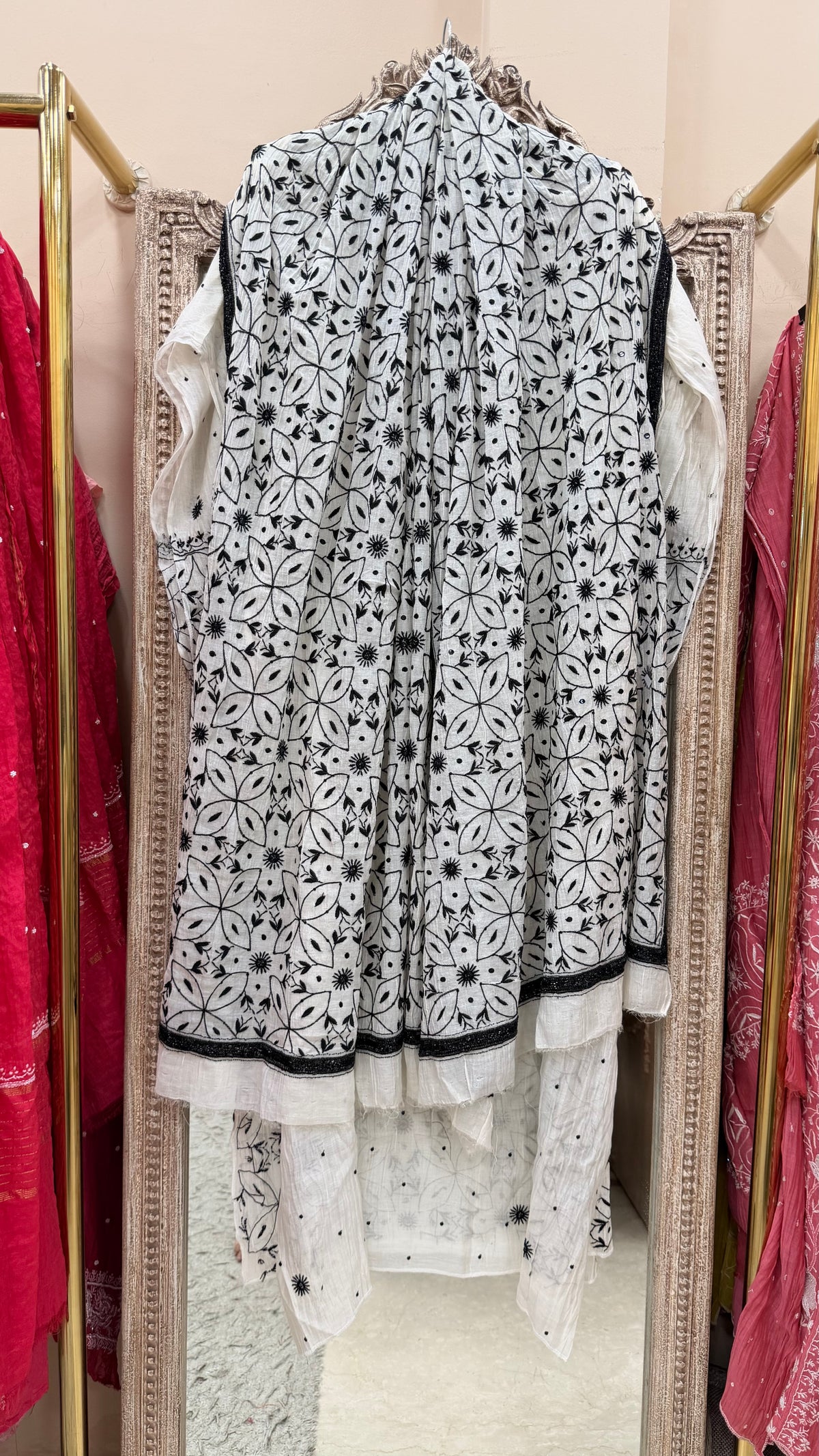 Pure Mulmul Cotton Kurta Pearl And Addon Work With Dupatta Black And White