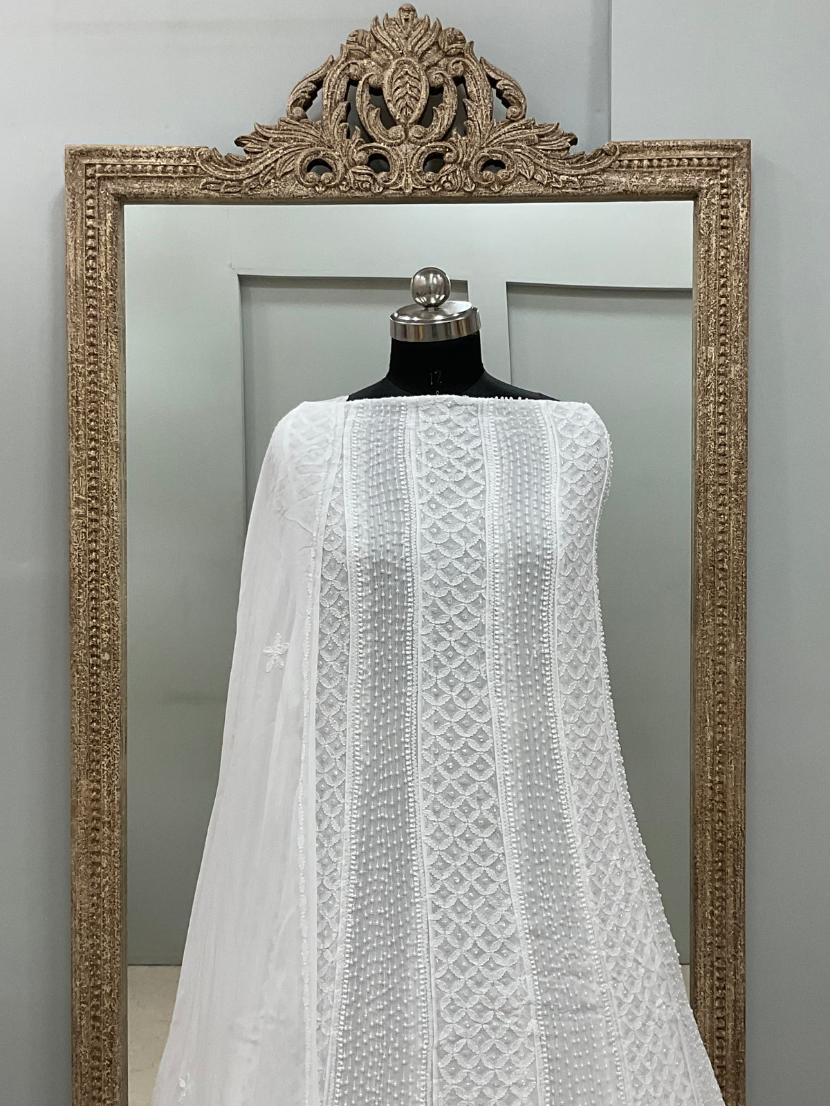 Georgette Anarkali Heavy Pearl And Cutdana Work White 01