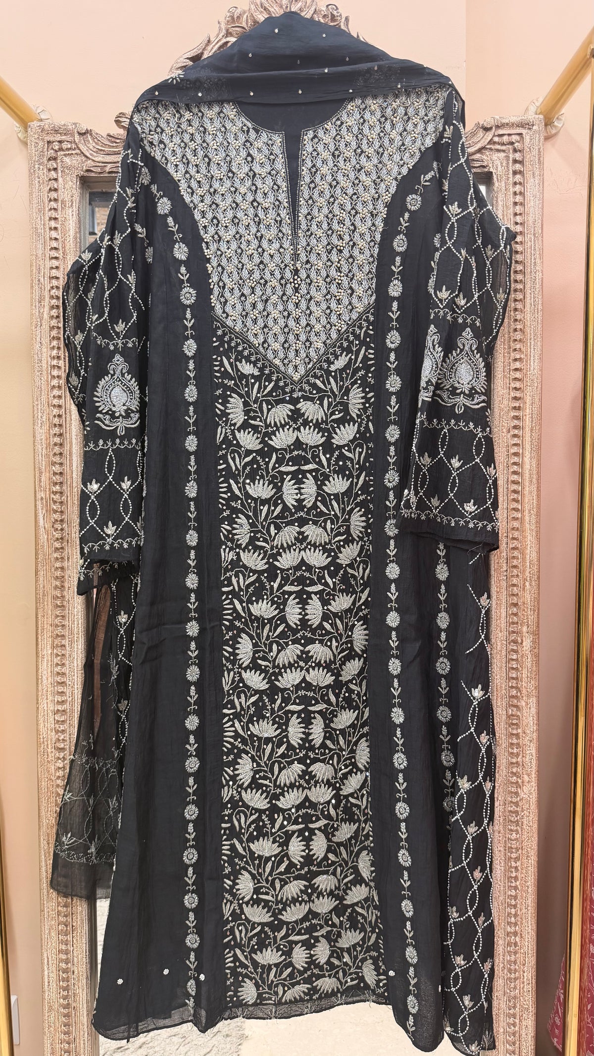 Pure Mulmul Cotton Anarkali Pearl And Addon Work With Dupatta Black