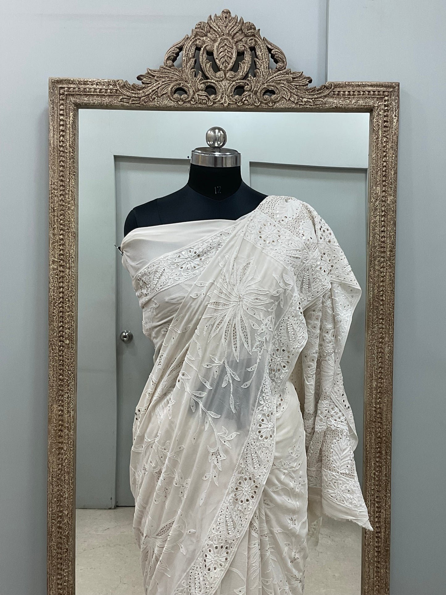 Pure Georgette Saree Mukaish work Off White 02