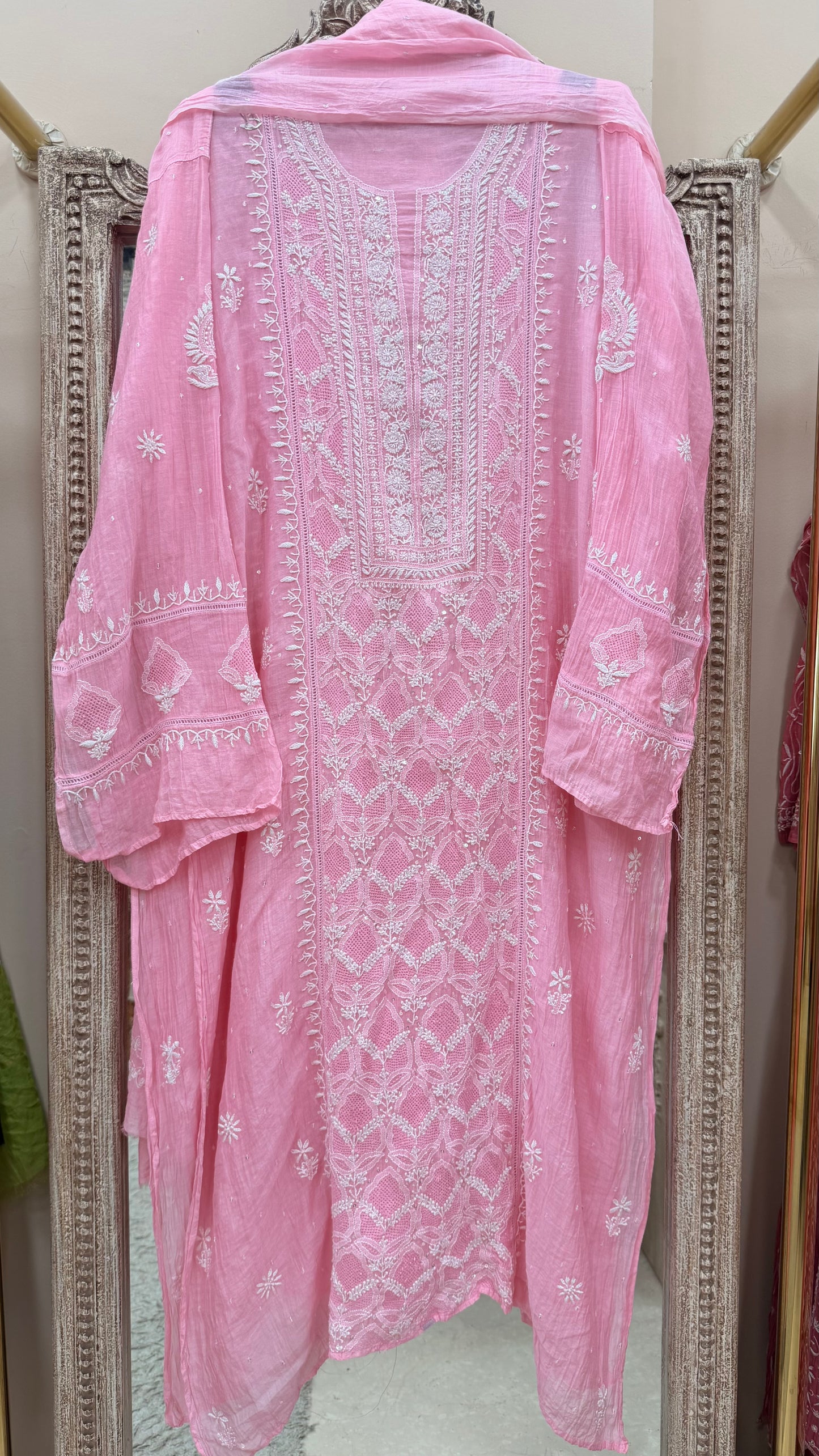 Pure Mulmul Cotton Semistiched Kurta Pearl Sequence And Jaali Work With Dupatta Pink