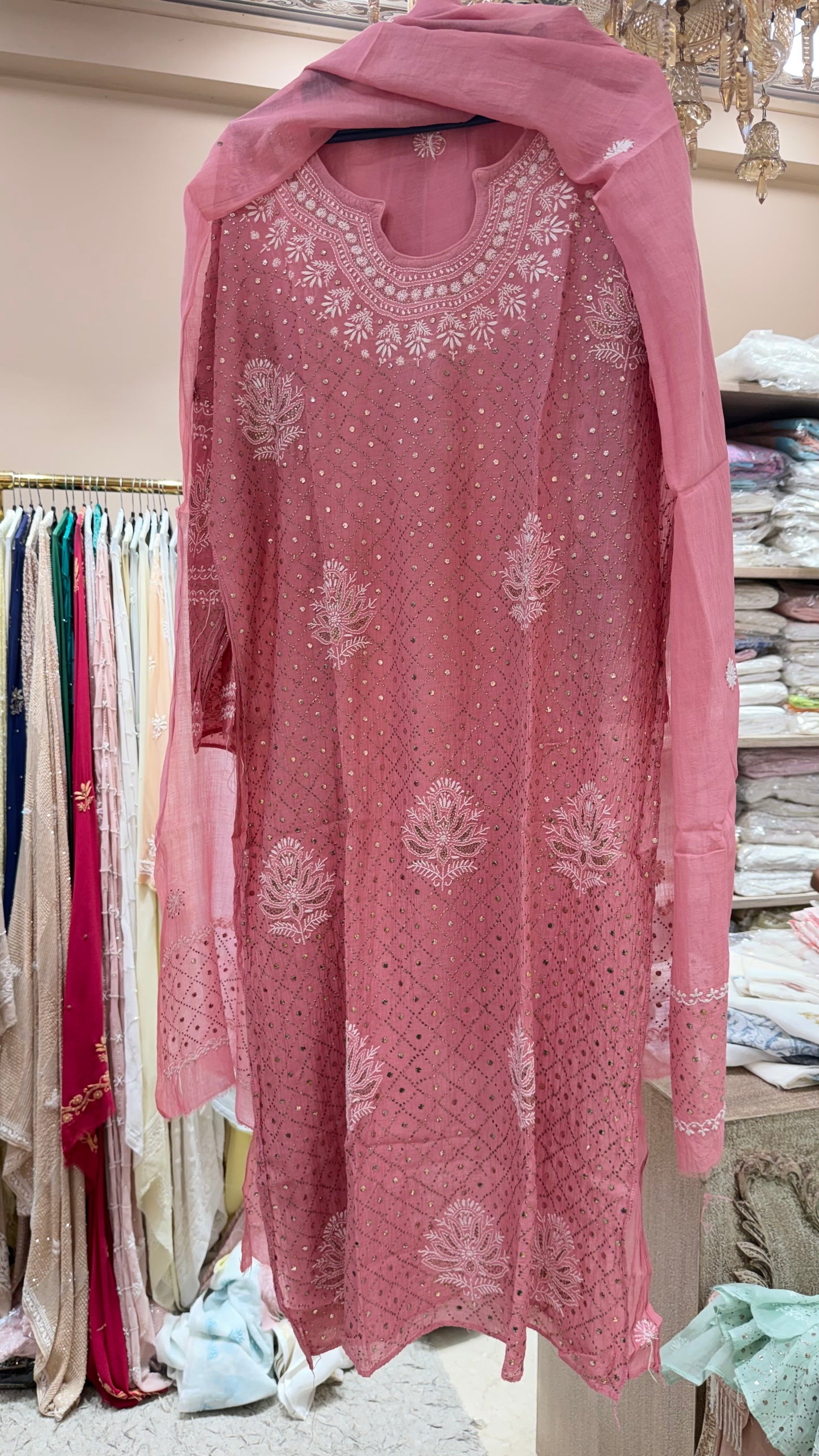 Pure Mulmul Straight Shirt Heavy Chikan Mukaish Work With Dupatta Red