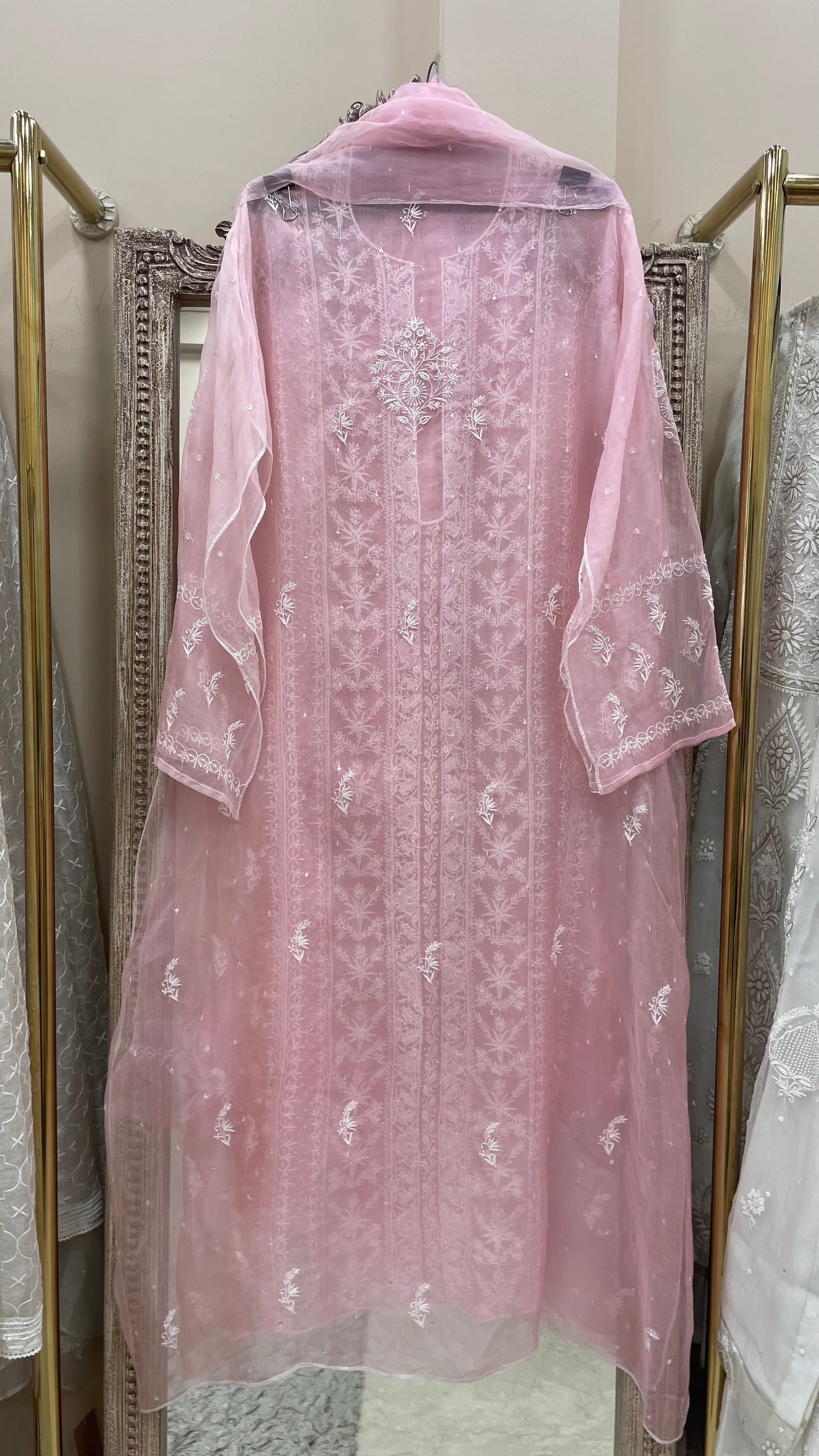 Pure Organza Semistiched Straight With Chickan And Addon Work Pink