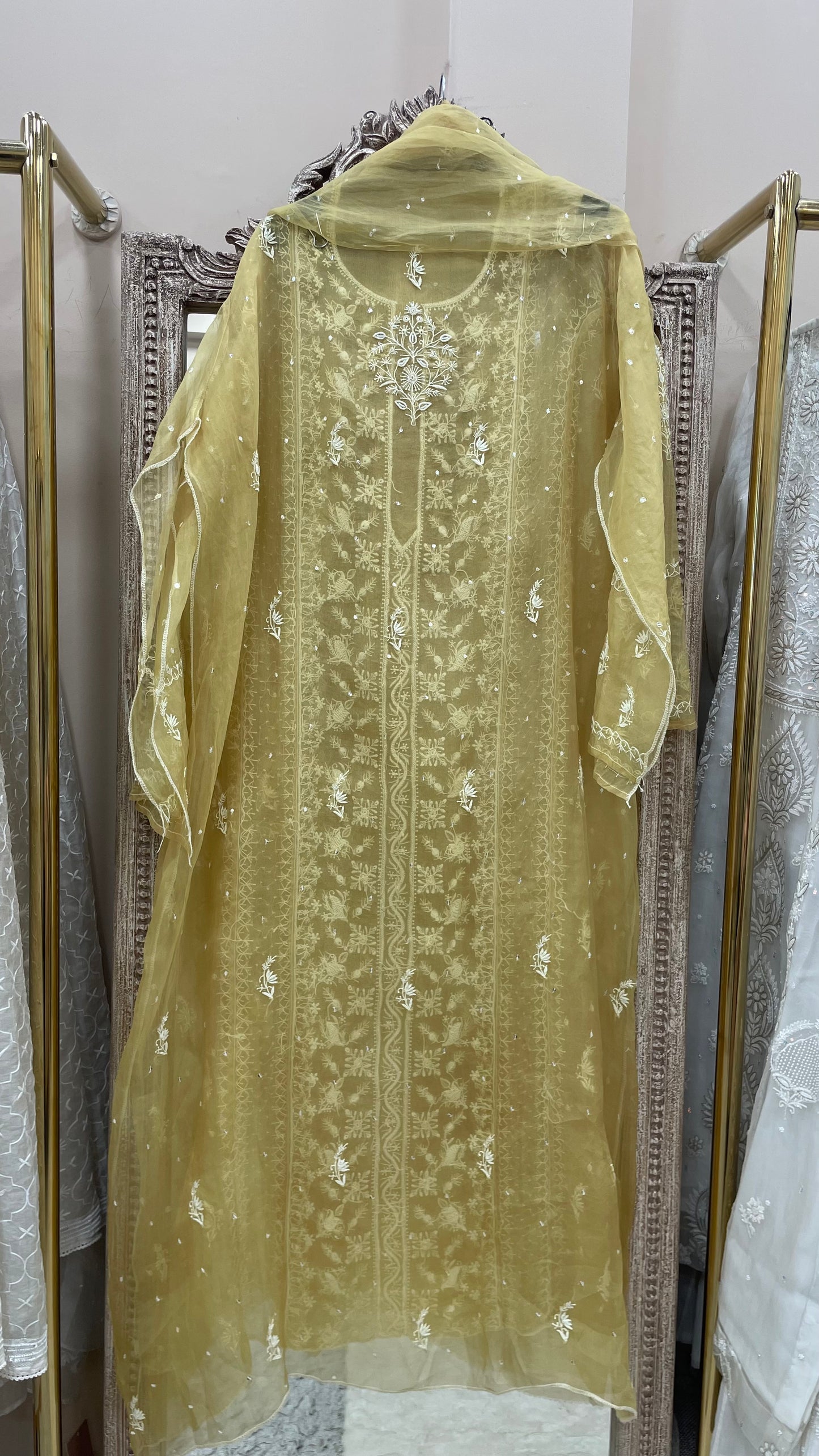 Pure Organza Semistiched Straight With Chickan And Addon Work Mustard Yellow