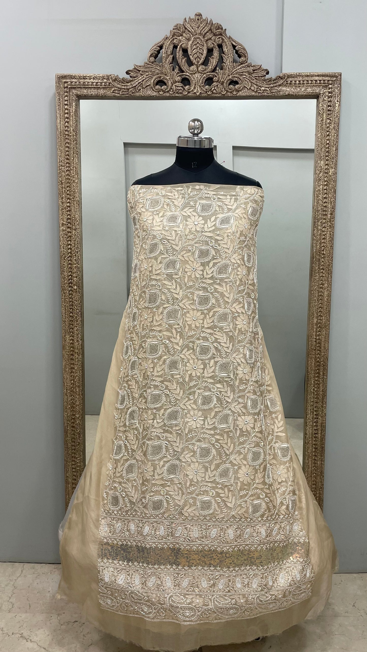 Pure Organza Straight Front and Back Same Heavy Pearl and Sequence Work Beige