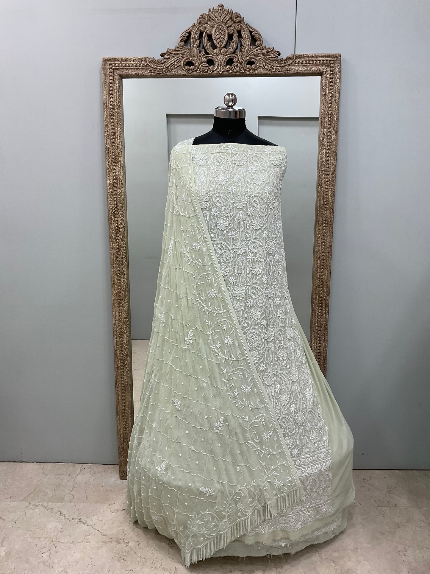 Pure Georgette Front And Back Heavy Pearl And Cutdana Work With Dupatta Green