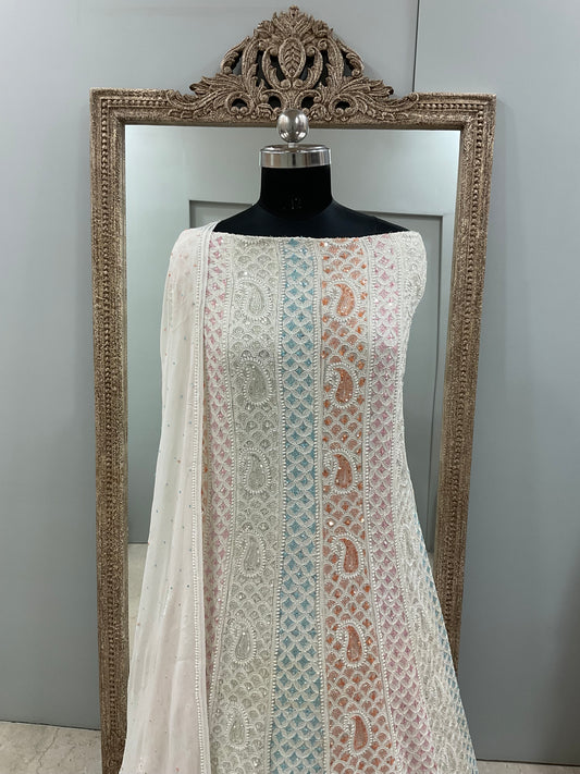 Pure Georgette Anarkali Heavy Pearl, Multi Coloured Cutdana and Sequence Off-White