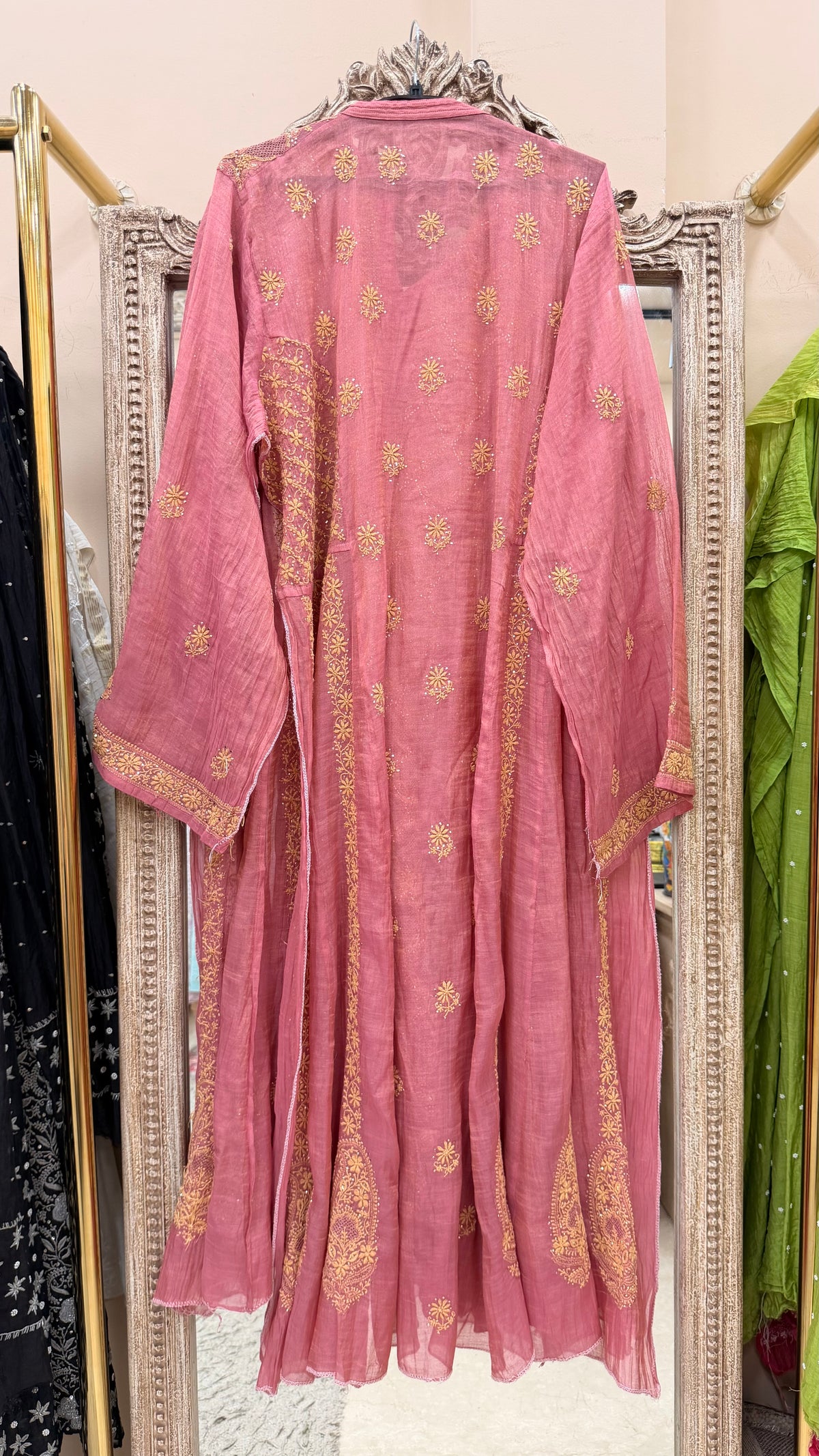 Pure Tissue Semistihed Anarkali Chikan Jali Work Shirt And Dupatta Rust