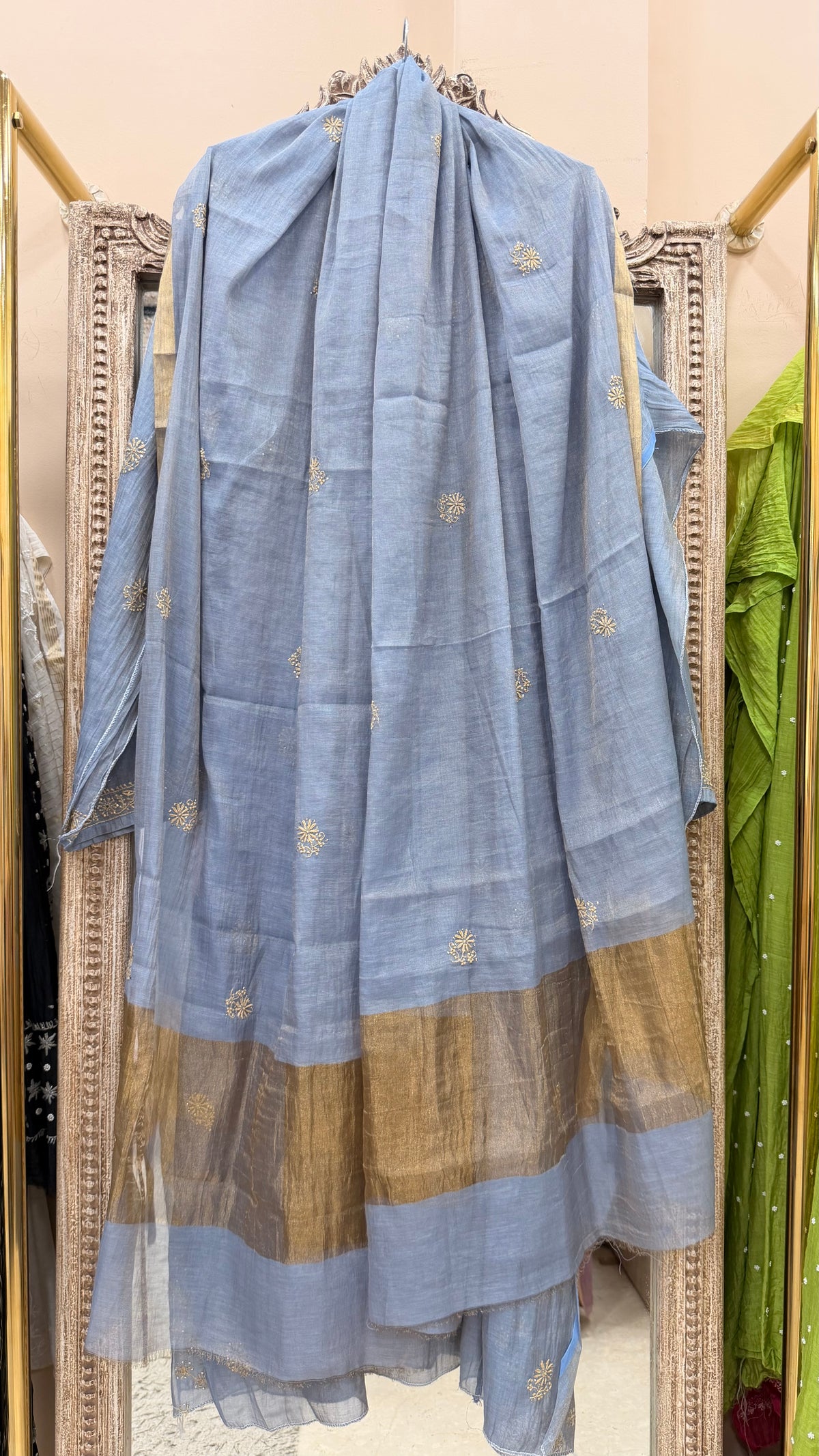 Tissue Semistihed Straight Chikan Jali Work Shirt And Dupatta Blue