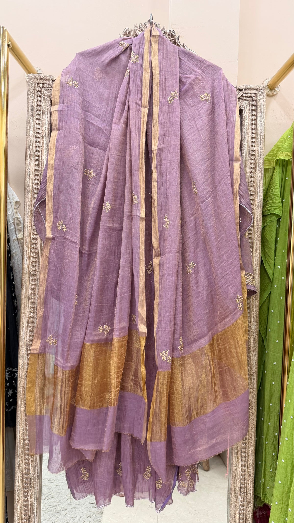 Tissue Semistihed Straight Chikan Jali Work Shirt And Dupatta Purple