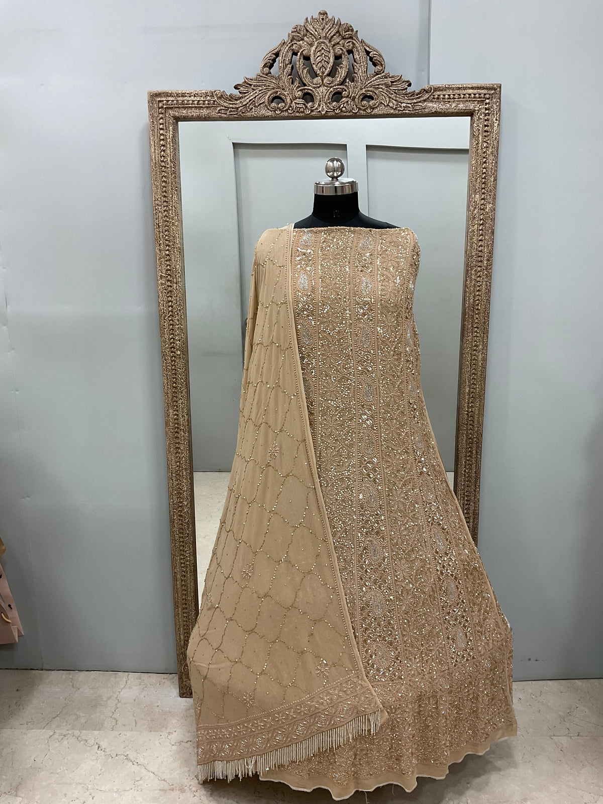 Pure Georgette Anarkali Heavy Pearl, Cutdana and Sequence Golden Beige