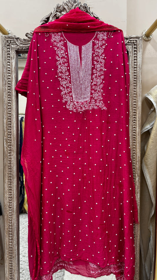 Pure Mulmul Cotton  Kurta Pearl And Addon Work With Dupatta Red