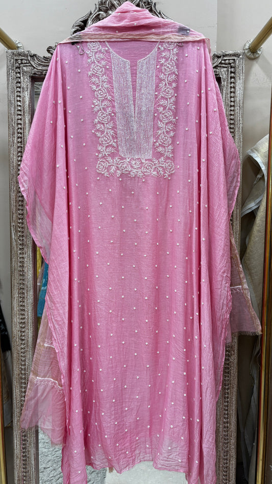 Pure Mulmul Cotton  Kurta Pearl And Addon Work With Dupatta Pink