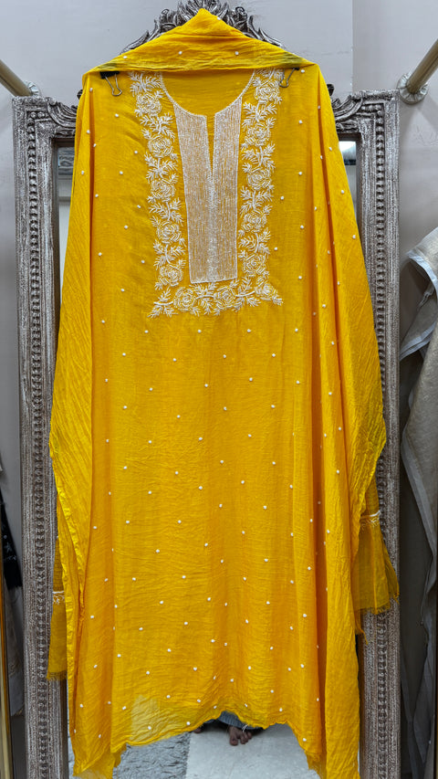 Pure Mulmul Cotton  Kurta Pearl And Addon Work With Dupatta Yellow