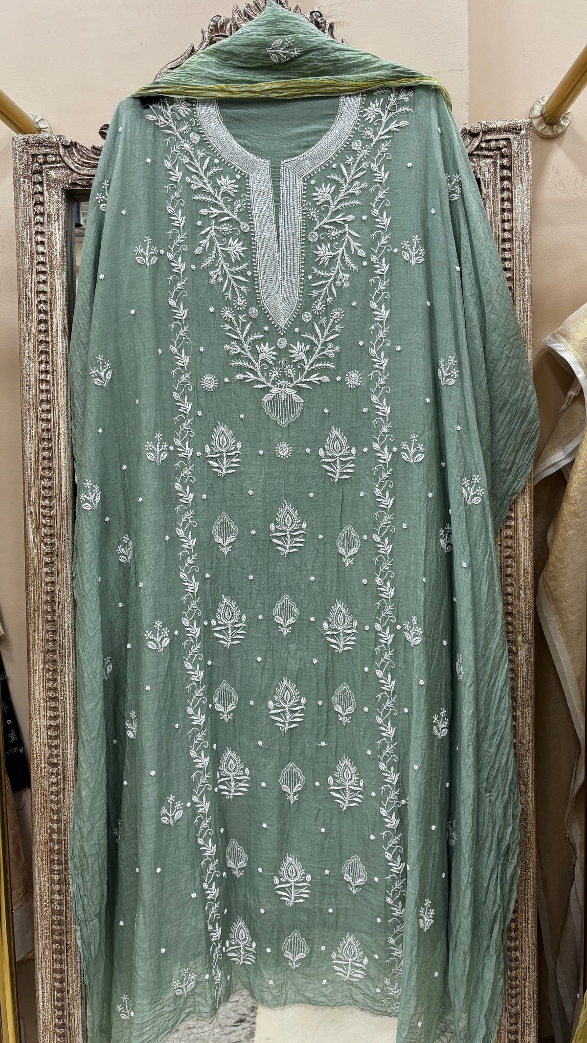 Pure Mulmul Cotton  Kurta Pearl And Addon Work With Dupatta Green