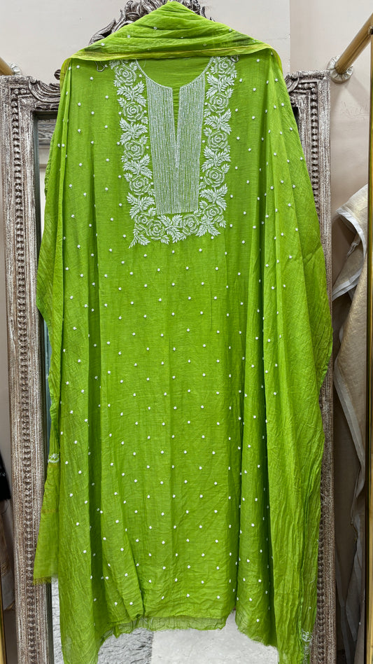 Pure Mulmul Cotton  Kurta Pearl And Addon Work With Dupatta Neon Green