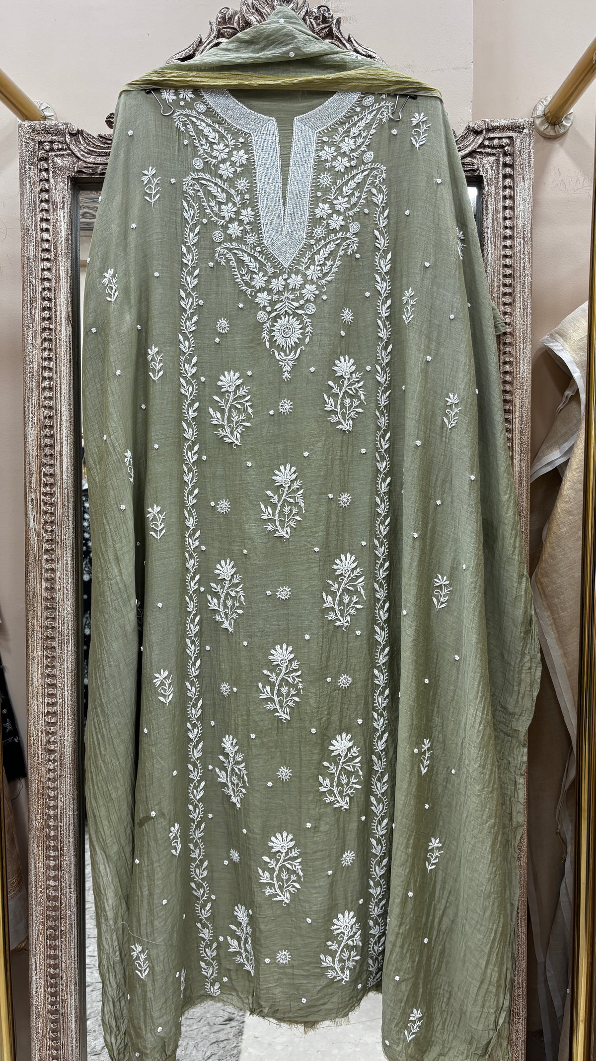 Pure Mulmul Cotton  Kurta Pearl And Addon Work With Dupatta Gray