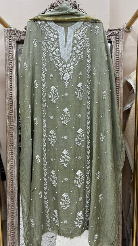 Pure Mulmul Cotton  Kurta Pearl And Addon Work With Dupatta Gray