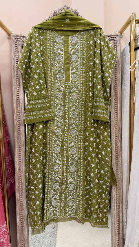Pure Mulmul Cotton Heavy Front Jaal Kurta Dupatta Green