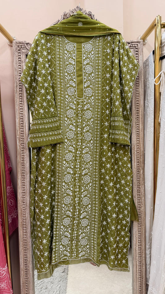 Pure Mulmul Cotton Heavy Front Jaal Kurta Dupatta Green