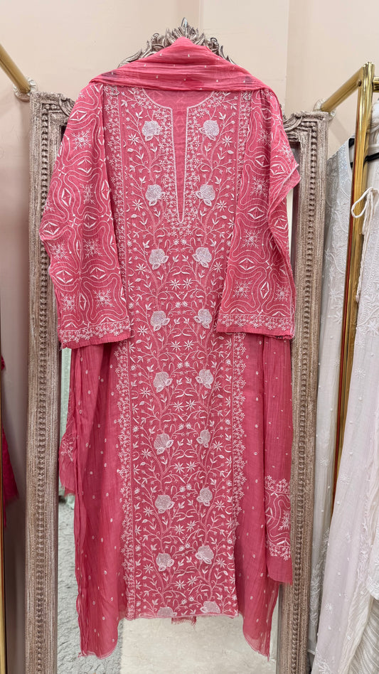 Pure Mulmul Cotton Heavy Front Jaal Kurta Dupatta Pink