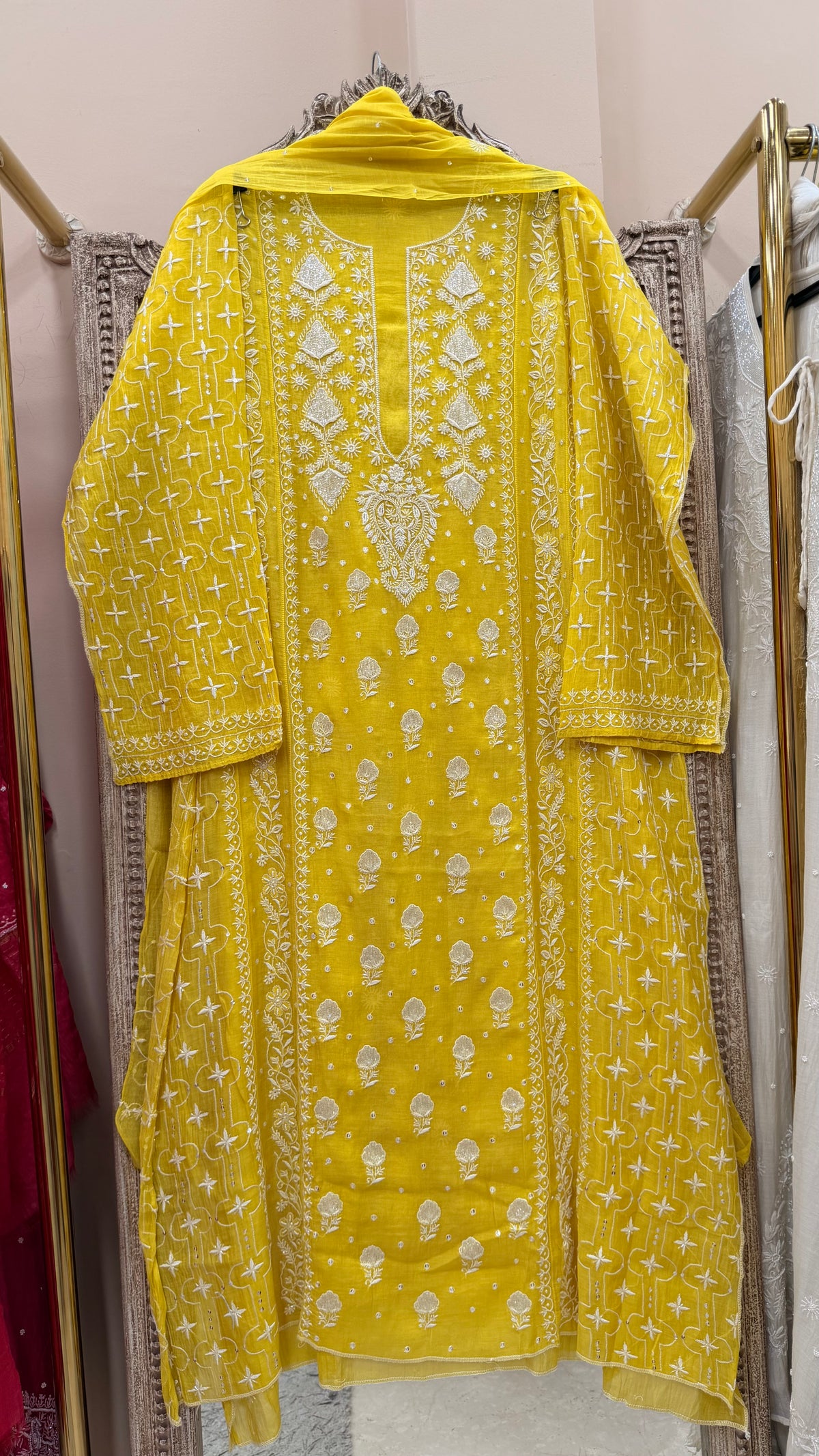 Pure Mulmul Cotton Heavy Front Jaal Kurta Dupatta Yellow