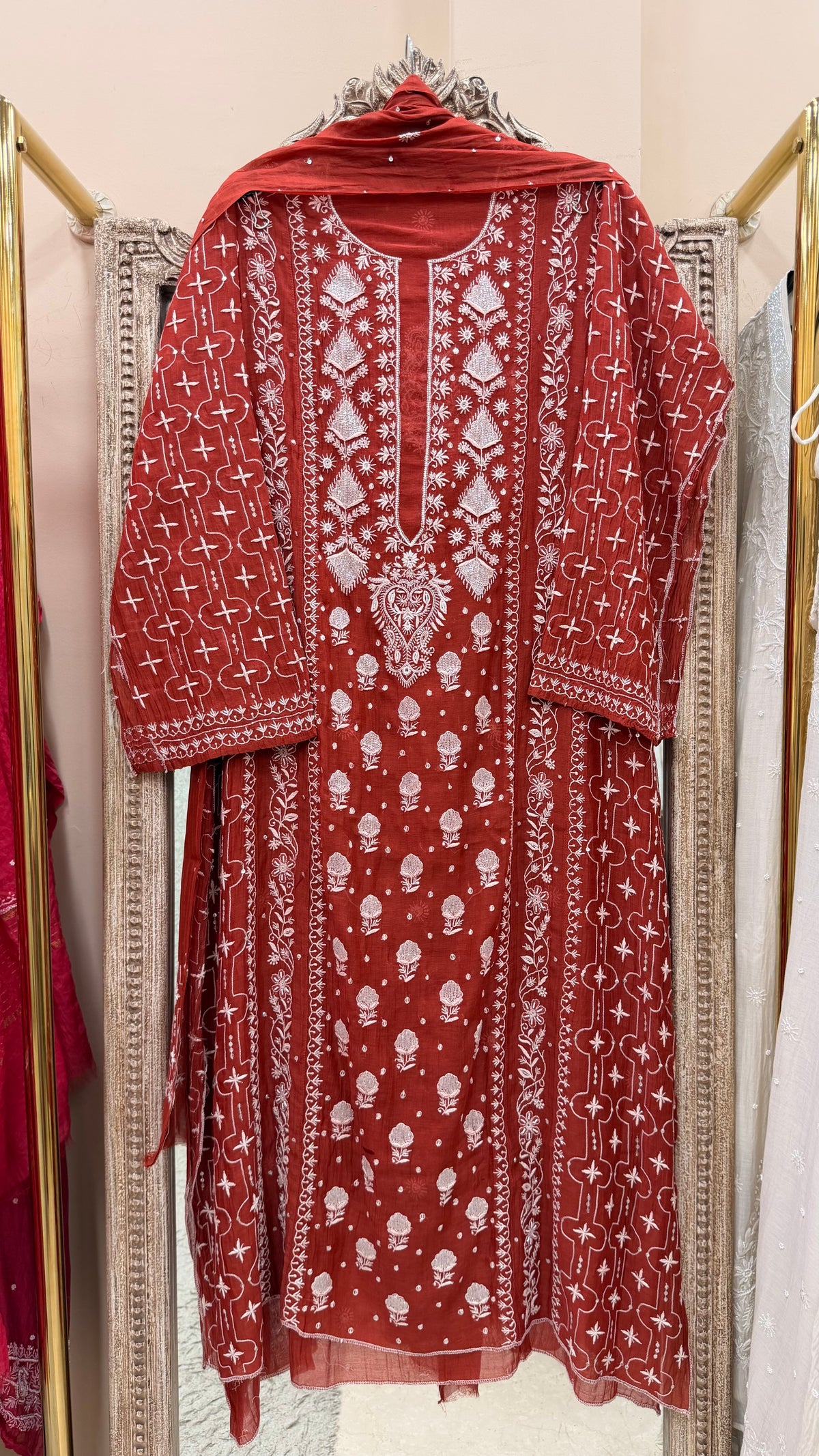 Pure Mulmul Cotton Heavy Front Jaal Kurta Dupatta Blood Red