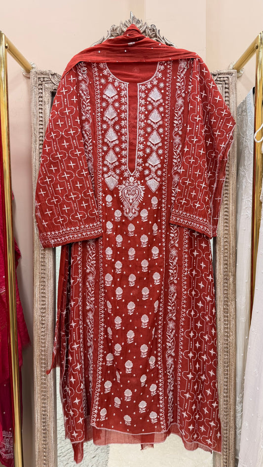 Pure Mulmul Cotton Heavy Front Jaal Kurta Dupatta Blood Red